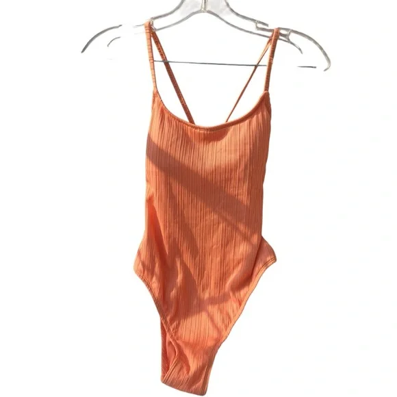 NWOT Xhilaration Tangerine Orange Peach Ribbed Backless One-Piece Swimsuit - S - Picture 4 of 16